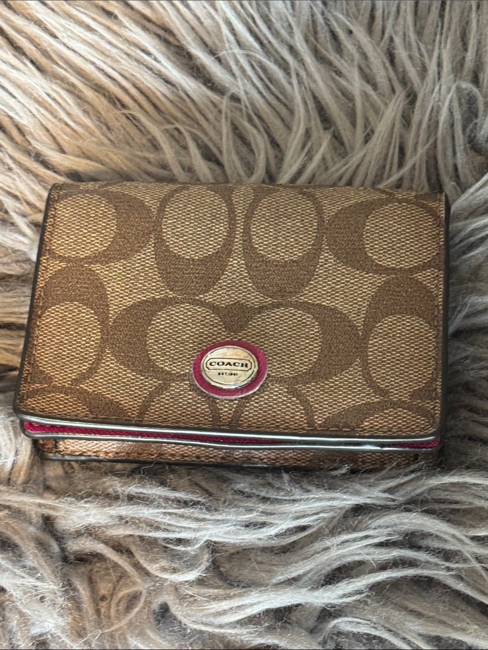 Coach Brown Signature Canvas Wallet with Pink Trim and Logo